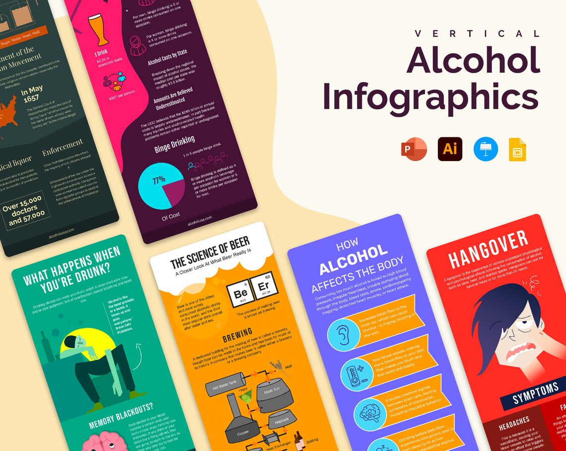 Black lettering "Vertical Alcohol Infographics" and 6 different black, purple, green, yellow, blue and red infographics on a beige and white background.