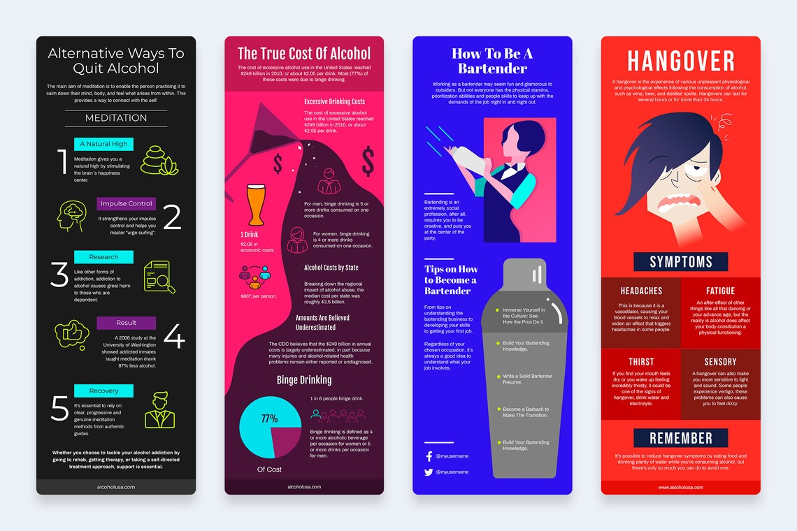 A set of 4 different black, pink and purple, blue and red alcohol vertical infographic templates on a gray background.