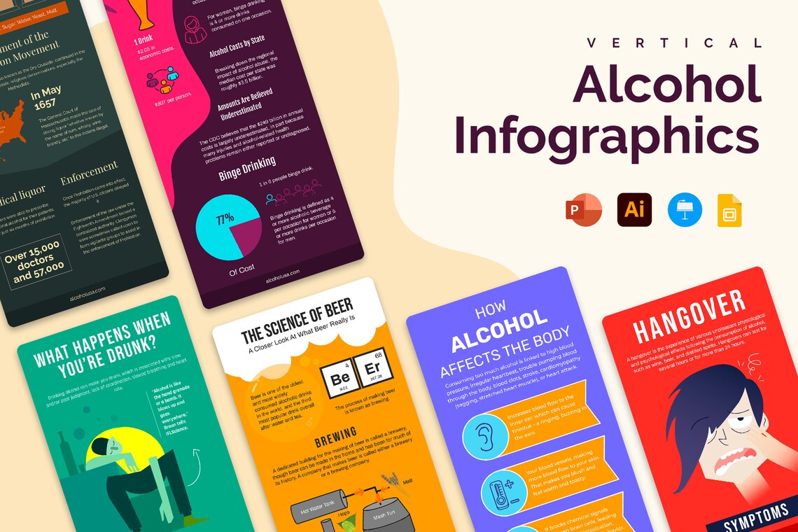 Black lettering "Vertical Alcohol Infographics" and 6 different black, purple, green, yellow, blue and red infographics on a beige and white background.