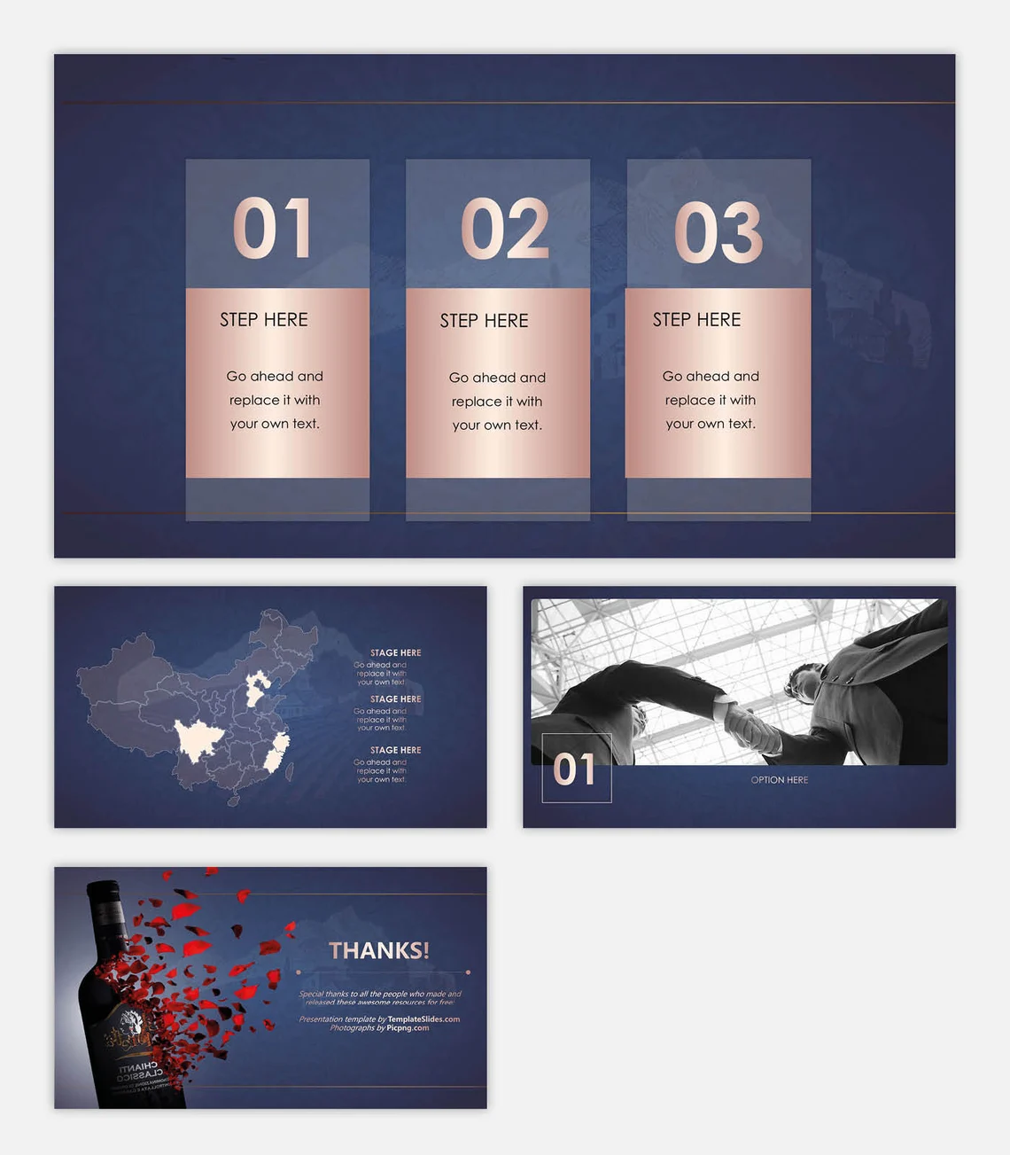 A set of 4 different blue, white and pink red wine drinks presentation templates on a gray background.