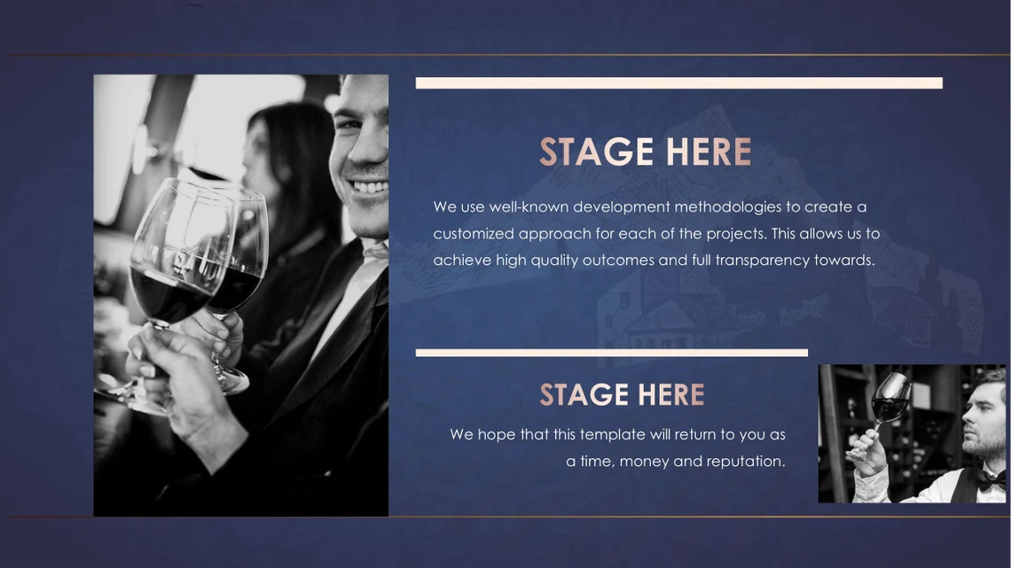 Black and white photo with a smiling man and two glasses of wine and a white lettering "STAGE HERE" on a blue background.