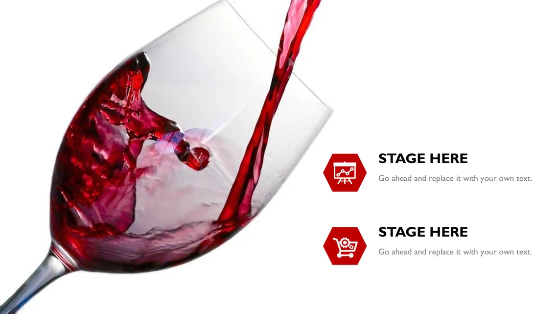 Image of a glass of red wine, 2 red and white icons and black letterings "STAGE HERE" on a white background.