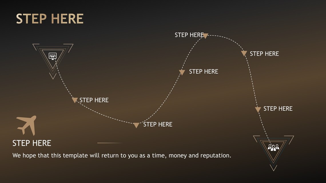 White lettering "We hope that this template will return to you as a time, money and reputation." and route map with white lettering "STEP HERE" on a brown background.