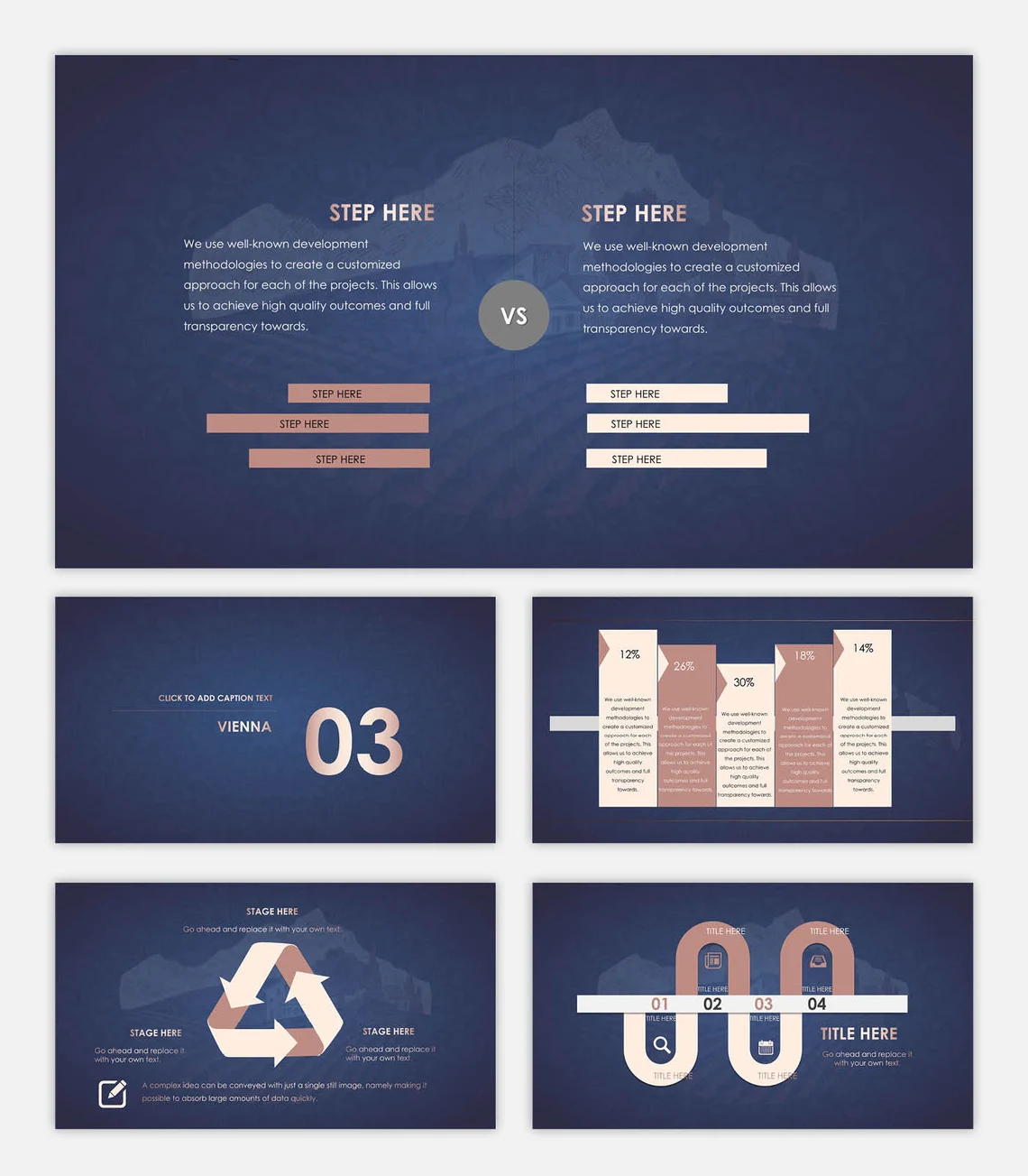 A set of 5 different infographic slides.