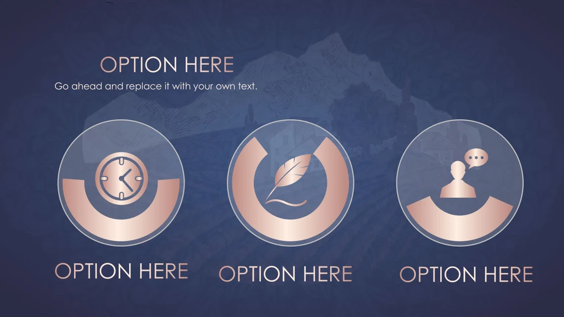 White lettering "OPTION HERE" and "Go ahead and replace it with your own text" and 3 different icons with lettering "OPTION HERE" on a blue background.