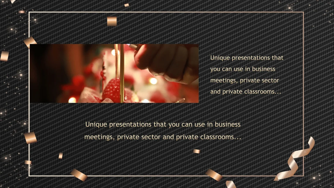 A birthday party events powerpoint template on a black background.