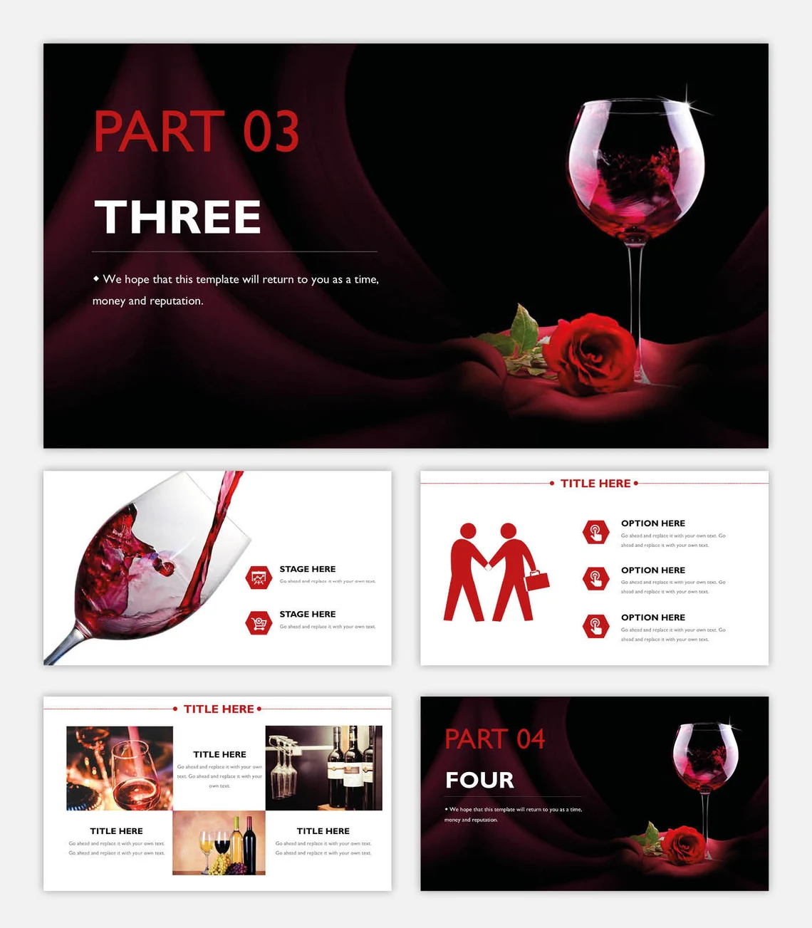 5 different presentation templates with wine culture drinks images.