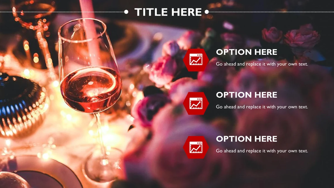 White lettering "TITLE HERE" and red and white icons with white letterings "Option Here" on a background with image glass of wine.