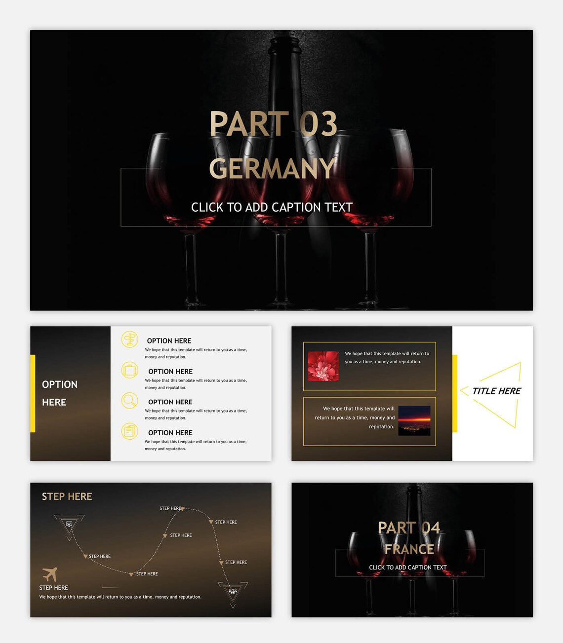 A set of 5 different modern style shop wine powerpoint templates on a gray background.