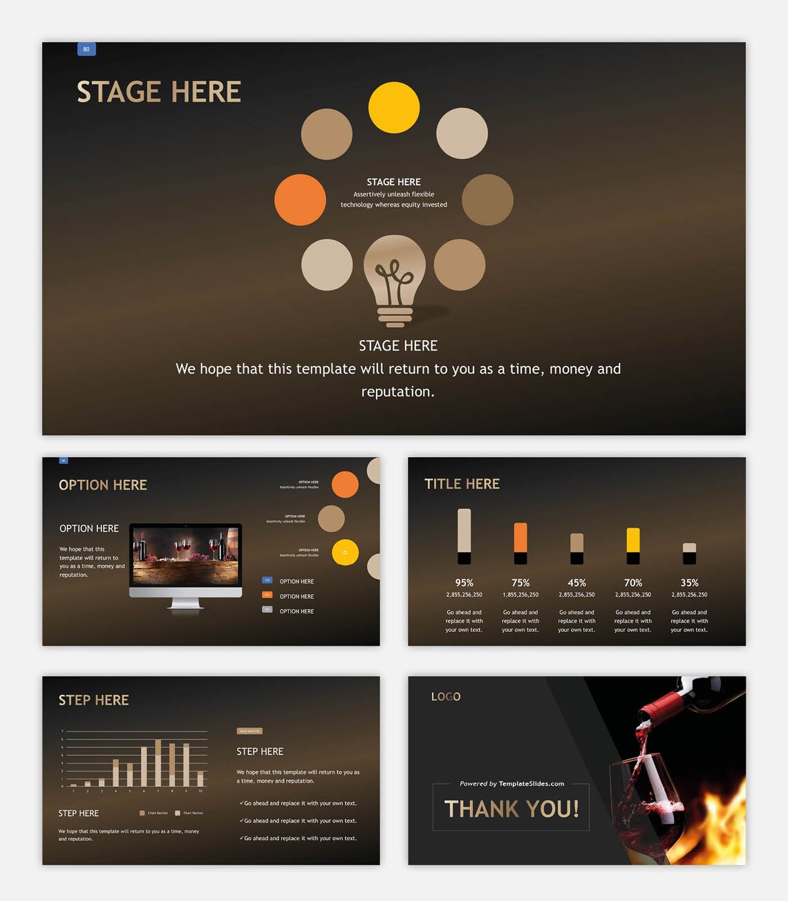 Modern slides with different charts and diagrams.