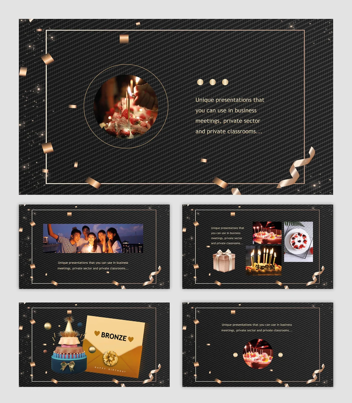 A set of 5 different birthday party events powerpoint templates in black, beige and white on a gray background.