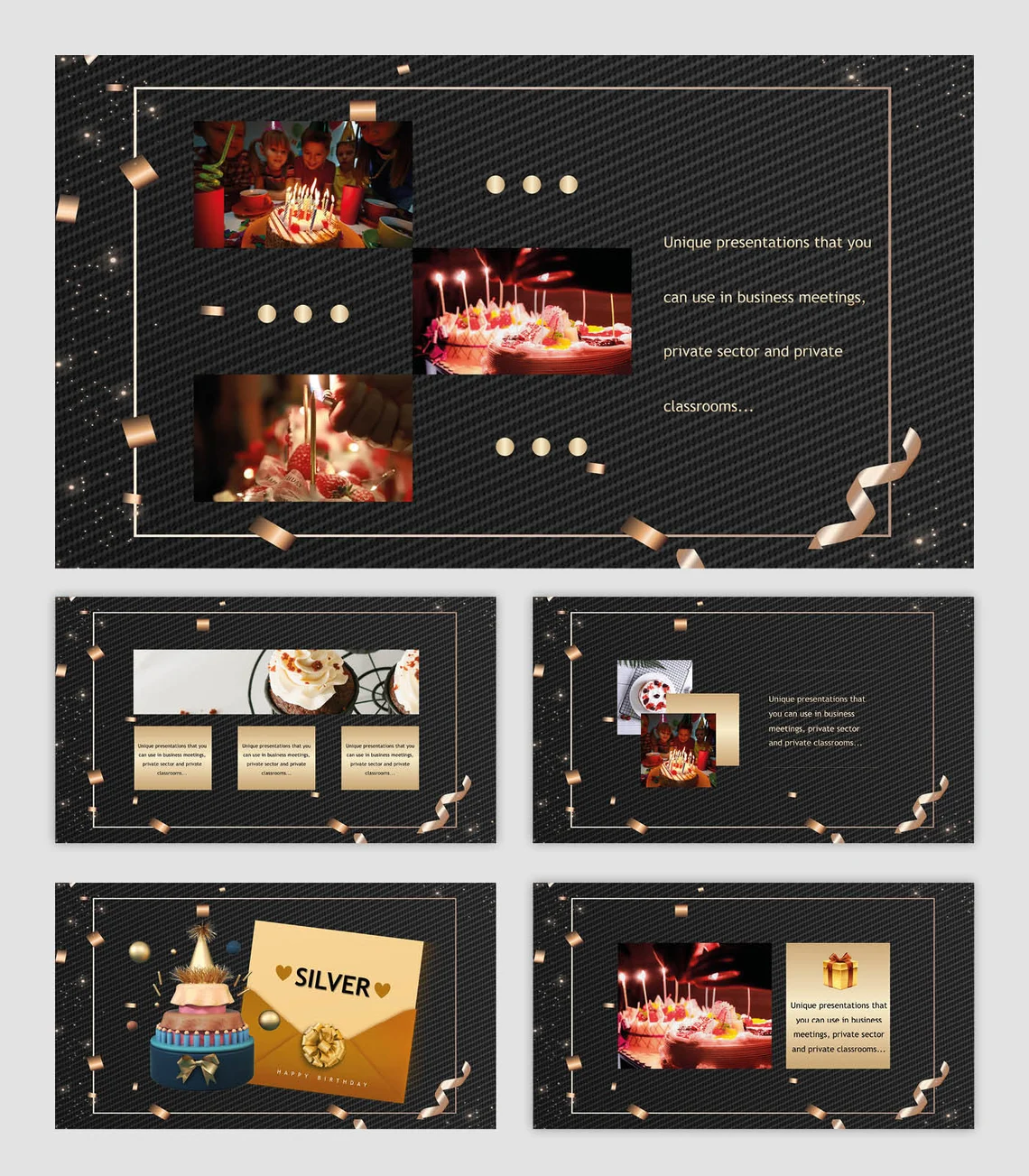 A set of 5 different birthday party events powerpoint templates in black, beige and white on a gray background.