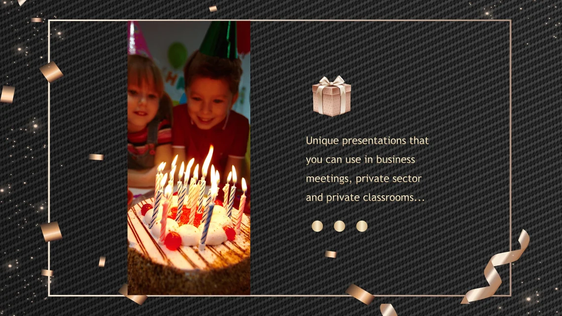 A birthday party events powerpoint template on a black background.
