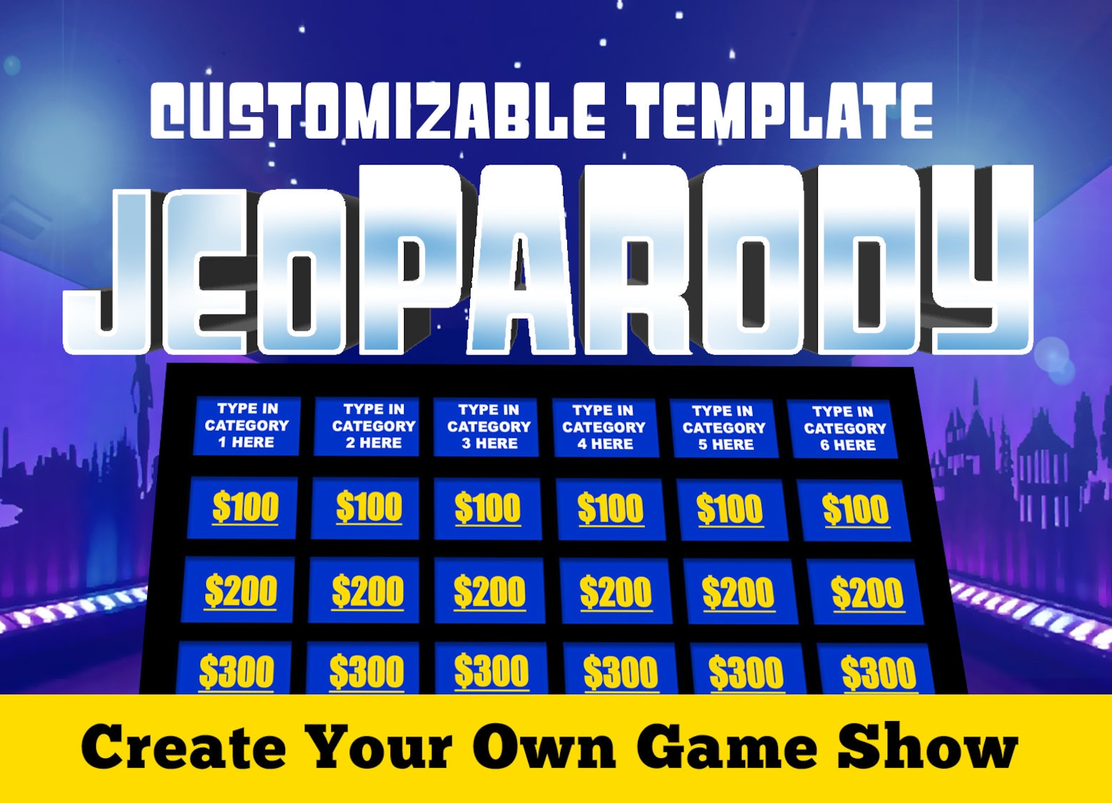 Cover image of Virtual Party Game Customizable JeoParody Powerpoint Template.