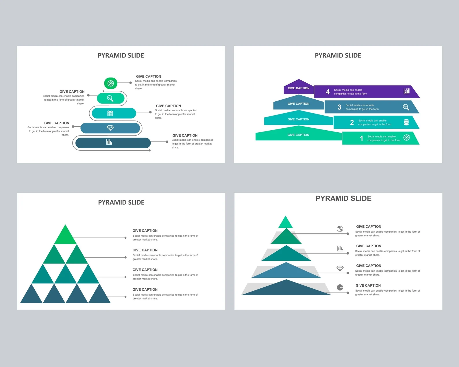 So cool green and purple pyramid infographics with the different geometric shapes.