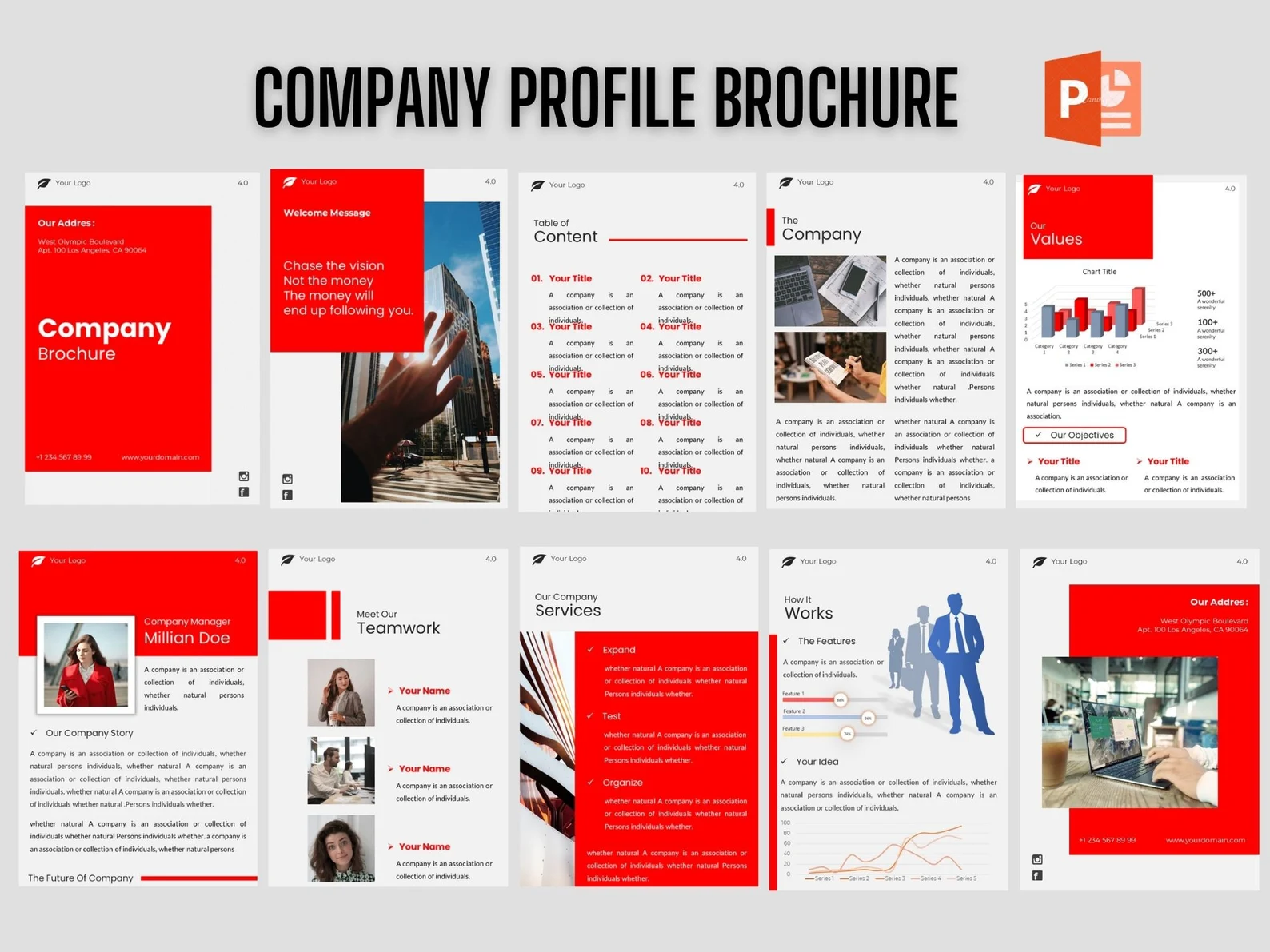 Company profile brochure in red.