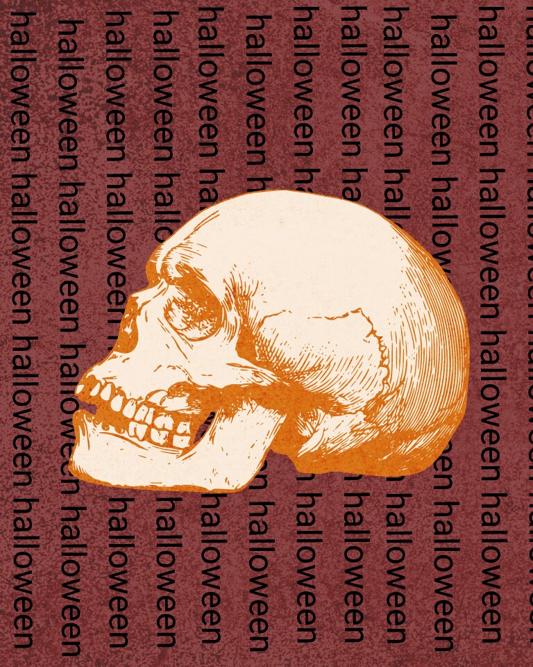 Colorful image of a skull on a red background with halloween inscriptions.