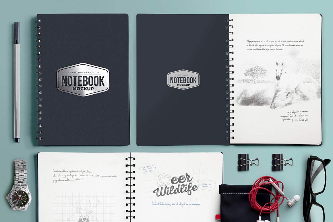 Dark blue mockup notebook and its 2 open views on a light blue background.