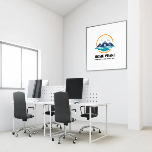 Office with mountains and water logo.