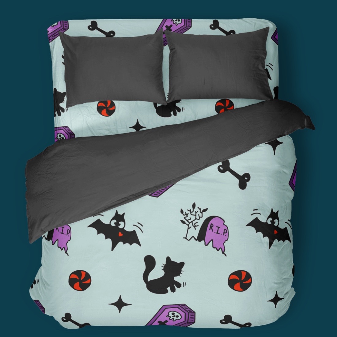 Bed linen with Halloween Seamless Patterns Set design.