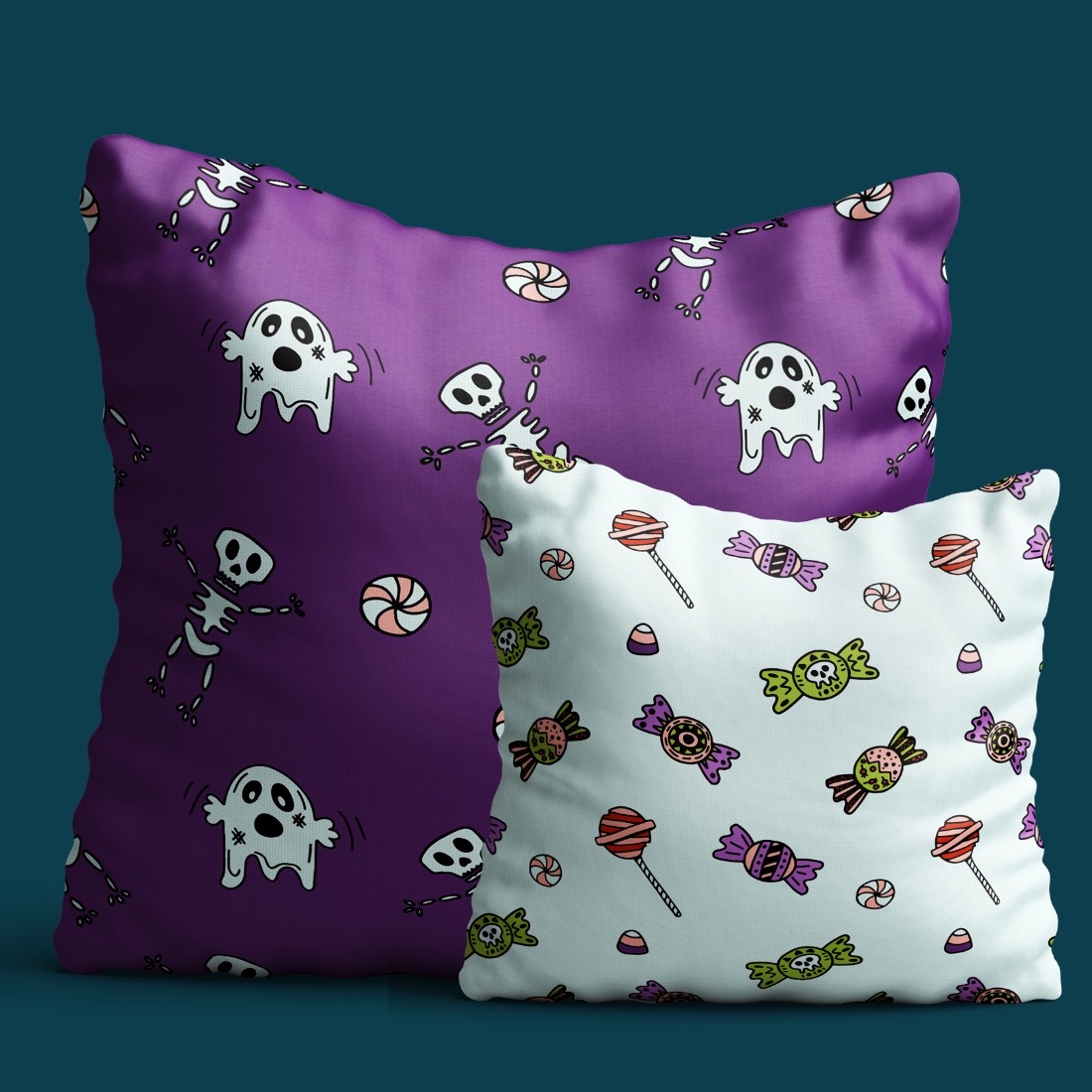 Pillows mockup preview with Halloween Seamless Patterns Set.