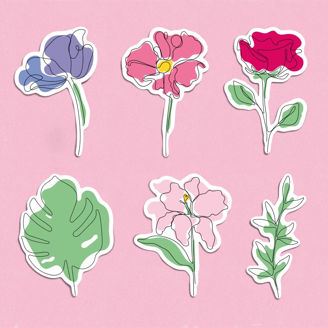 Flowers - One Line Art Clipart Stickers preview image.