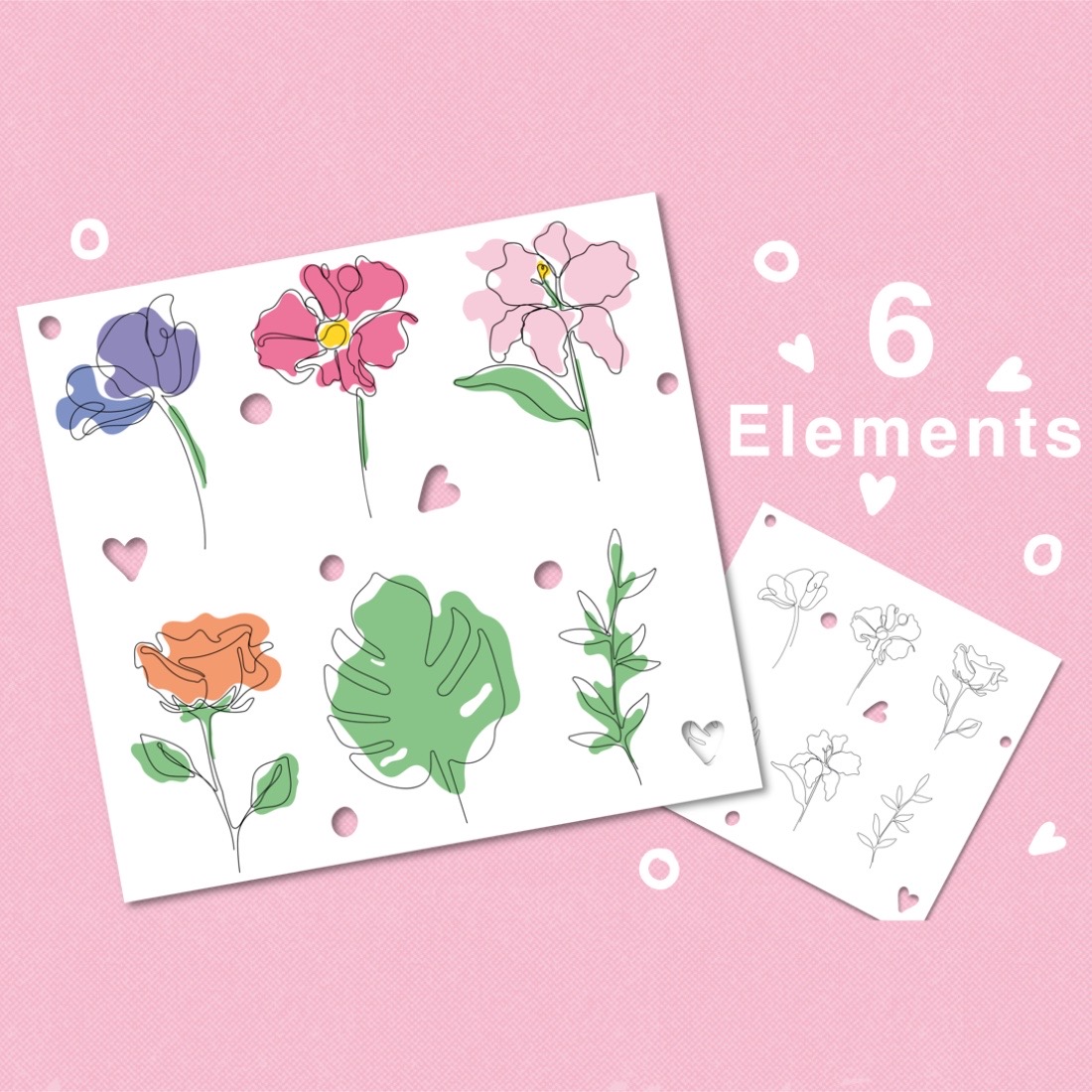 Flowers - One Line Art Clipart Stickers elements.