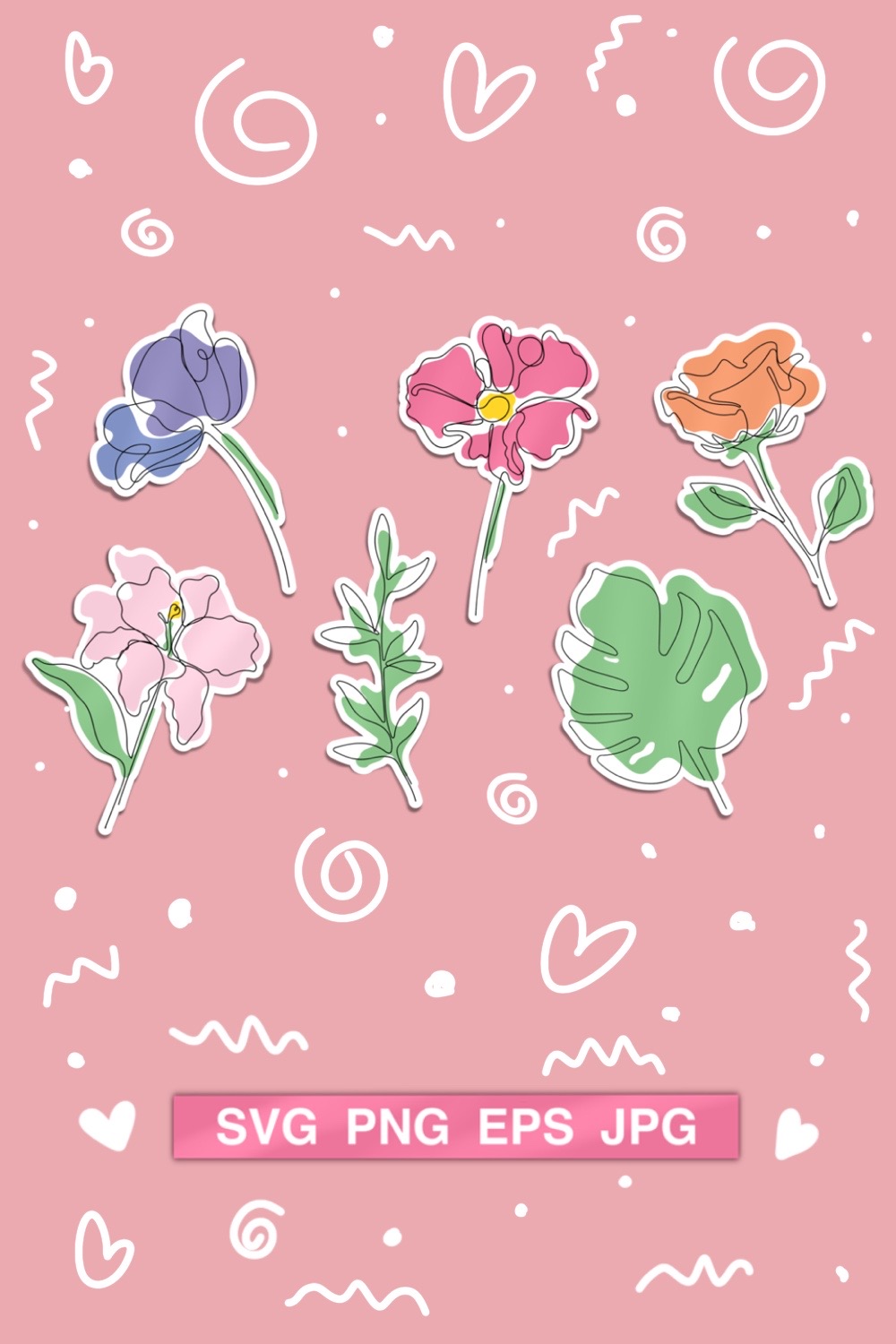 Flowers - One Line Art Clipart Stickers pinterest image.