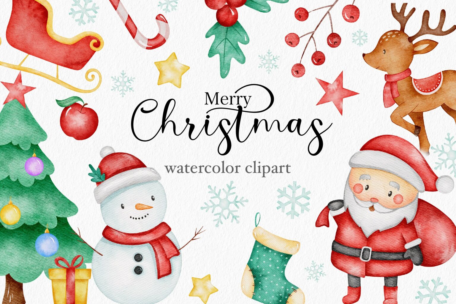 Merry Christmas Watercolor Clipart – MasterBundles