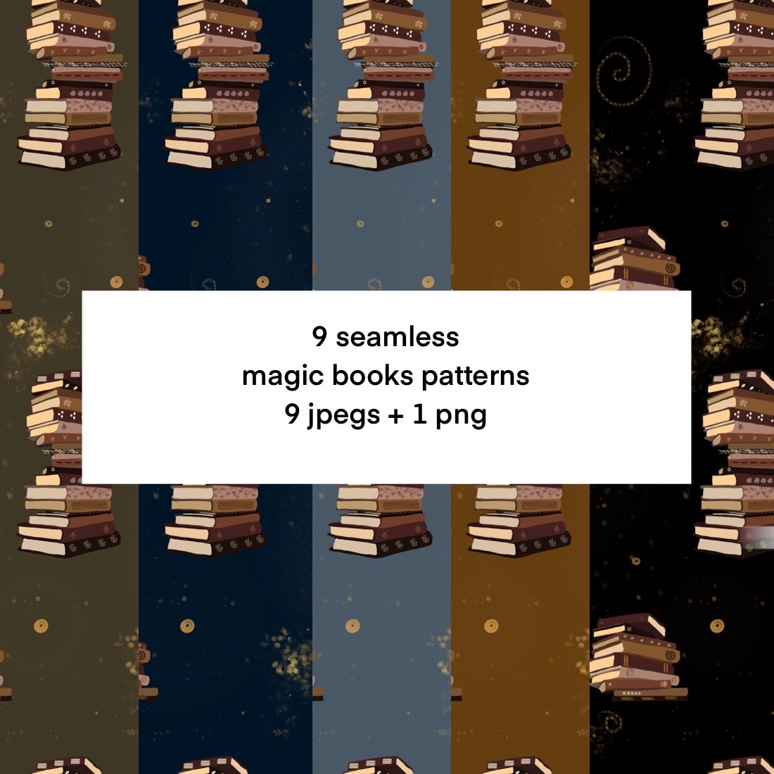 9 Seamless Magic Books Patterns cover image.