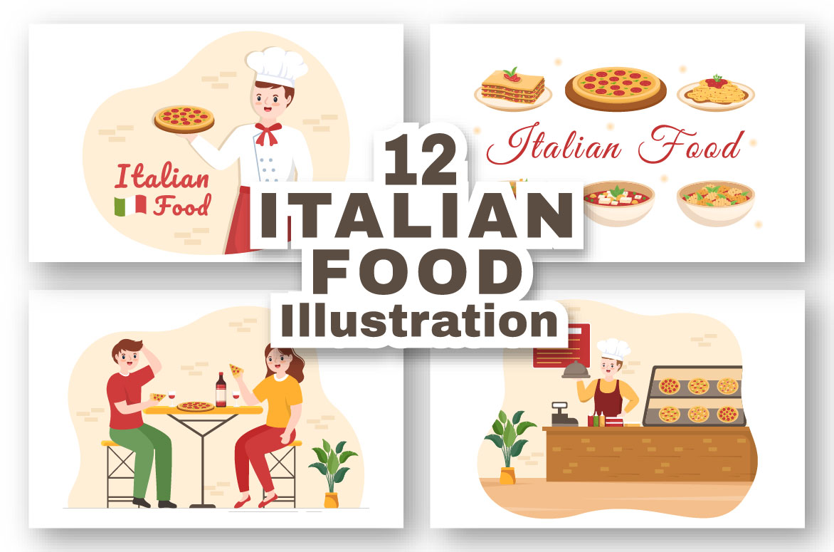 Set of colorful images of Italian restaurant food.