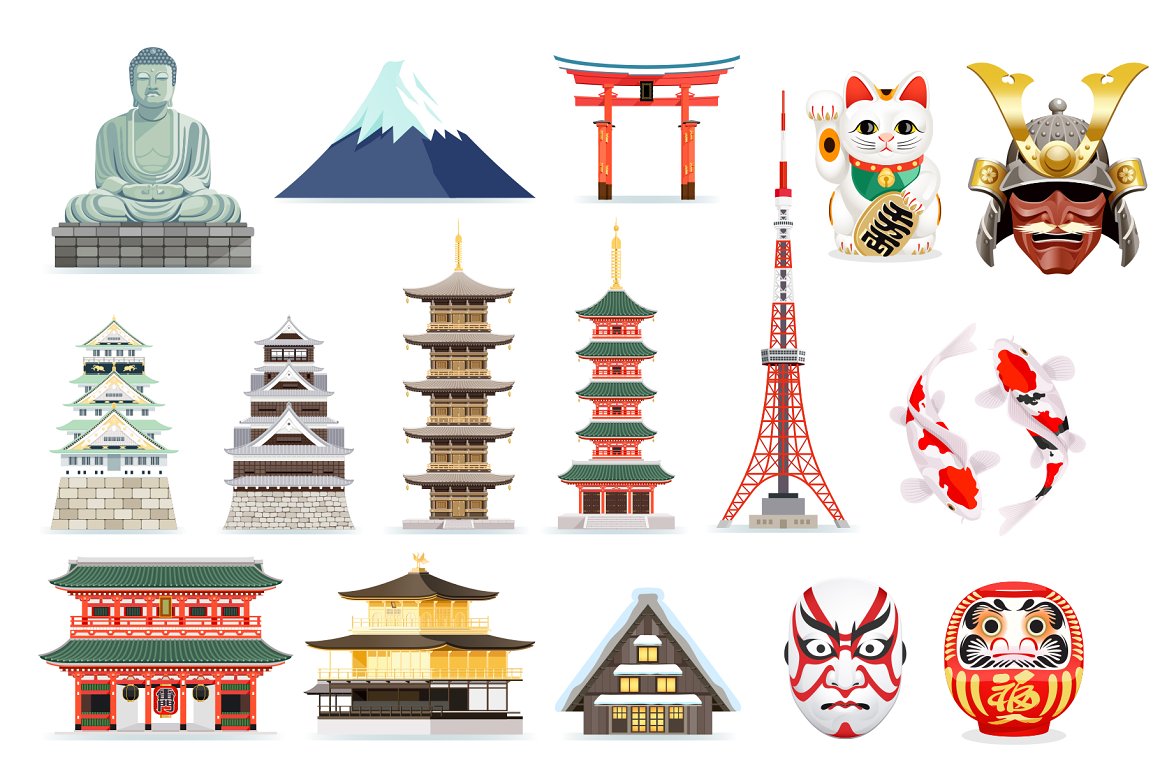 A set of 16 different famous Japan landmark icons on a white background.