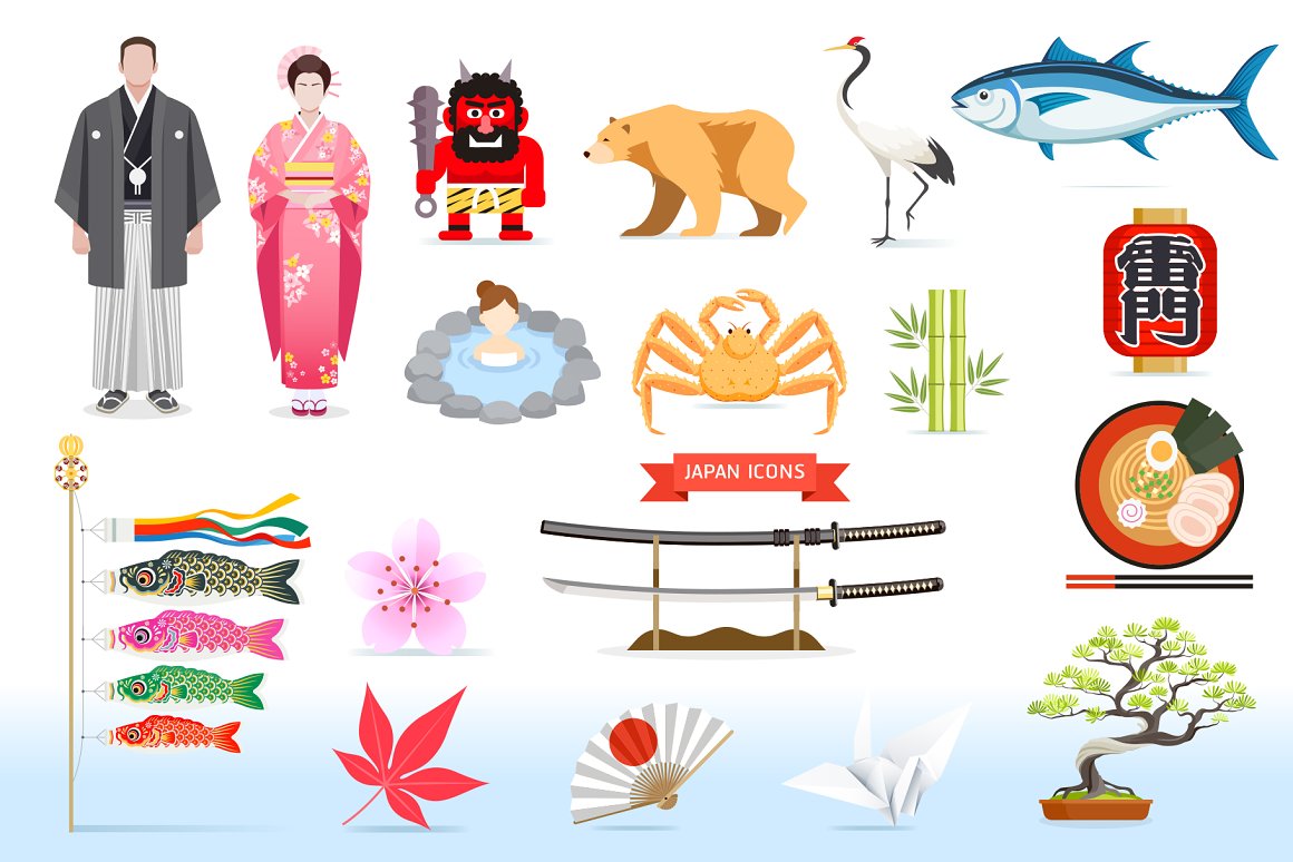A set of 18 different famous Japan landmark icons on a white and light blue background.