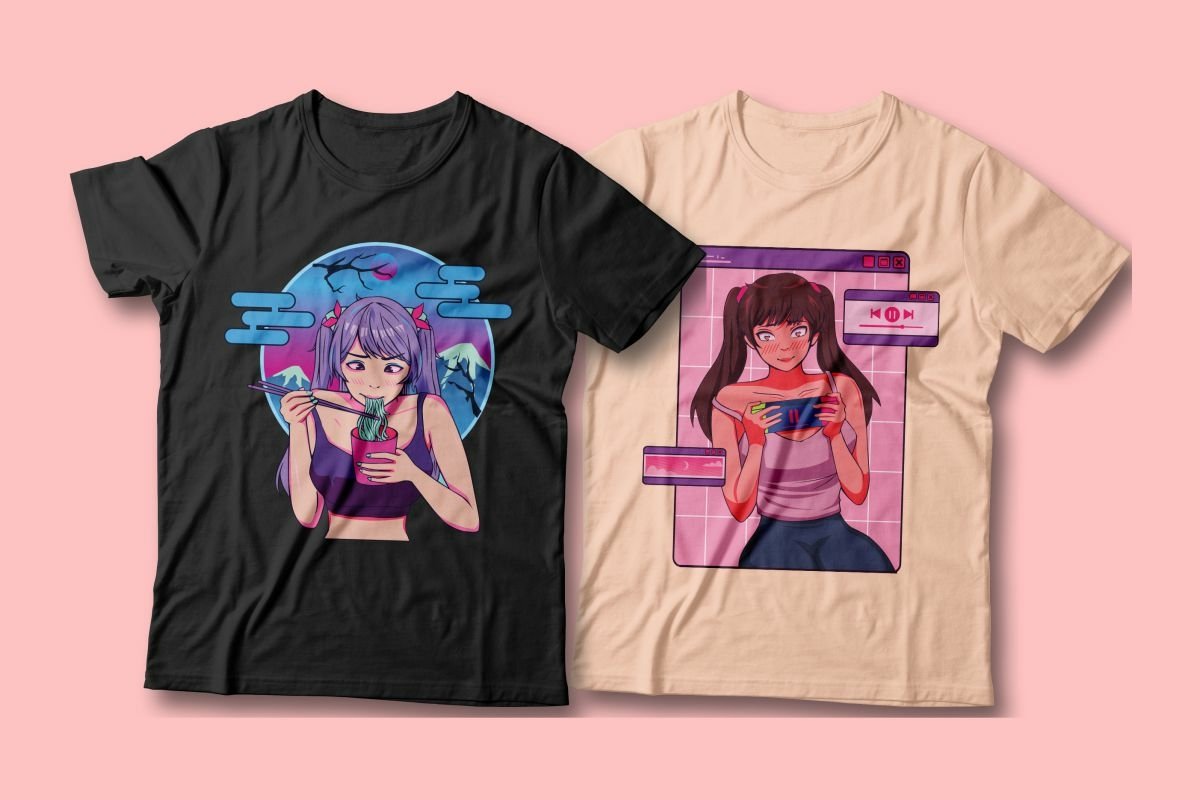 Beige t-shirt and black t-shirt with an illustration of an anime girls on a pink background.
