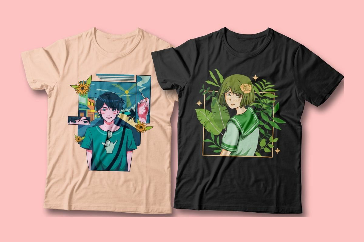 Beige t-shirt and black t-shirt with an illustration of an anime boy and girl on a pink background.