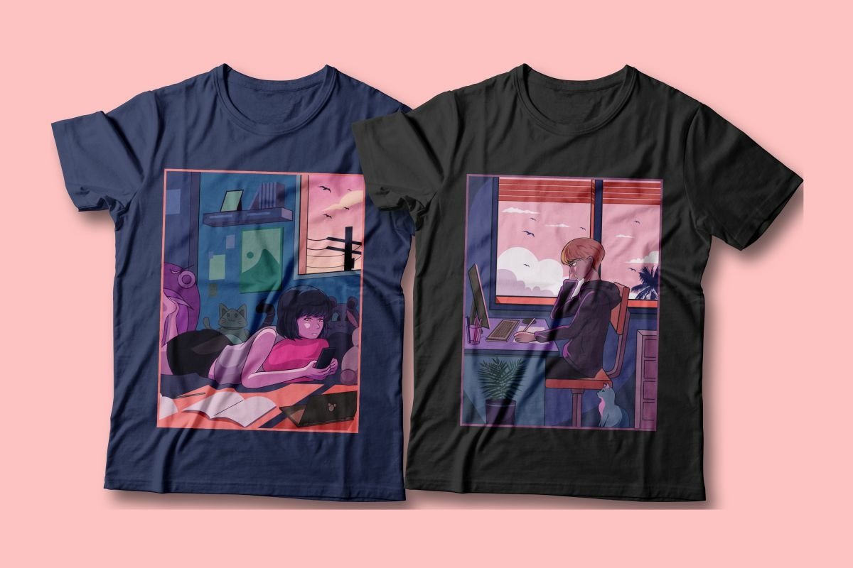 Dark blue t-shirt and black t-shirt with an illustration of an anime girl and boy on a pink background.