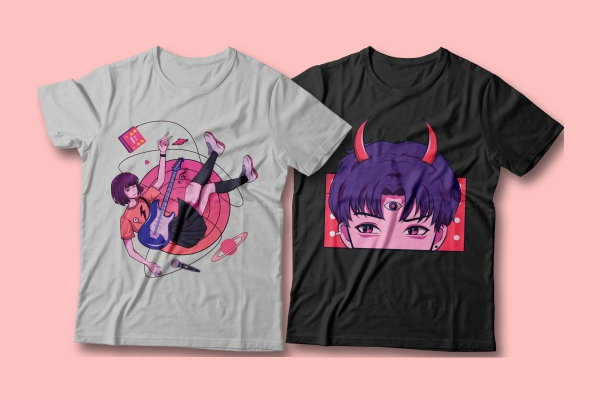 Grey t-shirt and black t-shirt with an illustration of an anime girl and boy on a pink background.