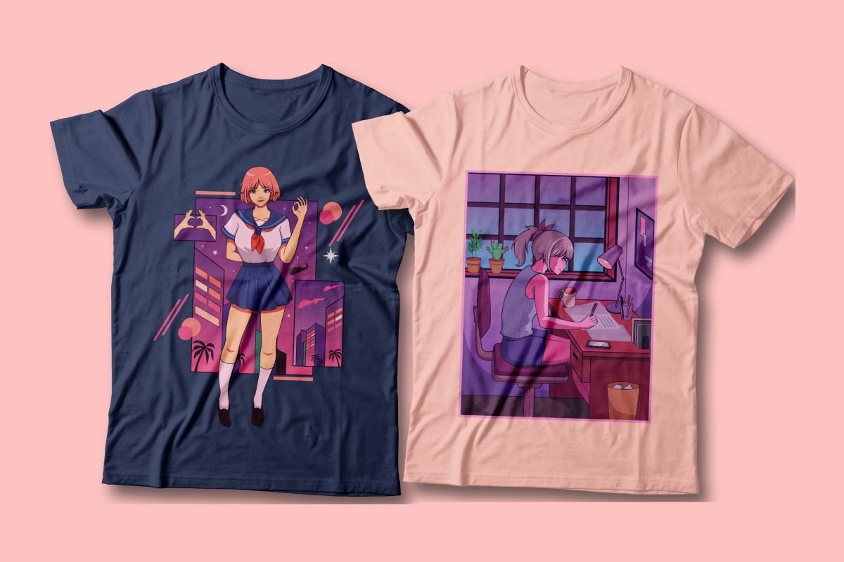 Dark blue t-shirt and pink t-shirt with an illustration of an anime girls on a pink background.