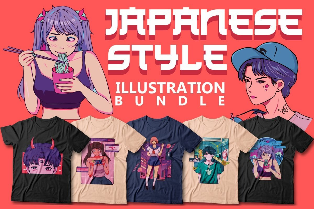 A cover featuring an anime girl and a boy and 5 different anime t-shirts on a red background.