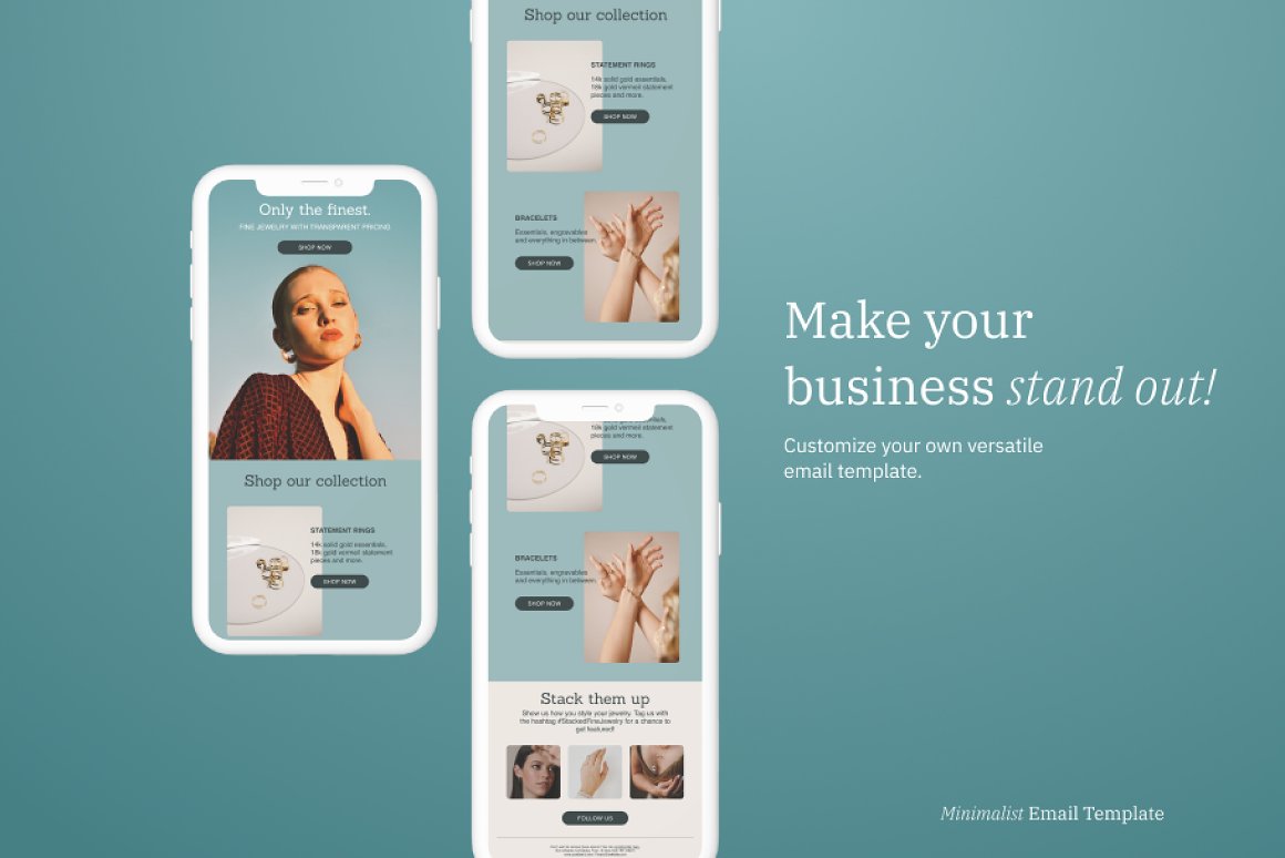 Images of unique email design template for jewelry brand on mobile phone screens.