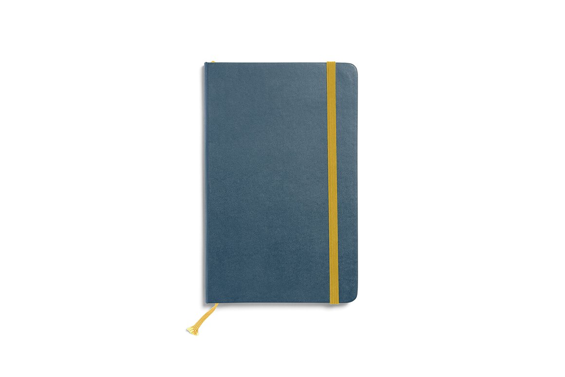 Dark blue mockup leather notebook with a yellow rubber band bookmark on a white background.