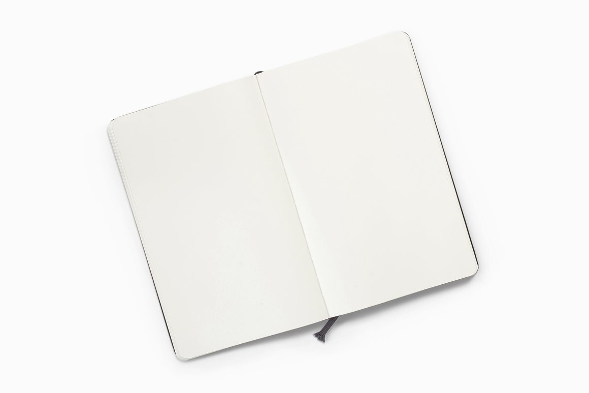 Mockup of a notebook in open view on a white background.