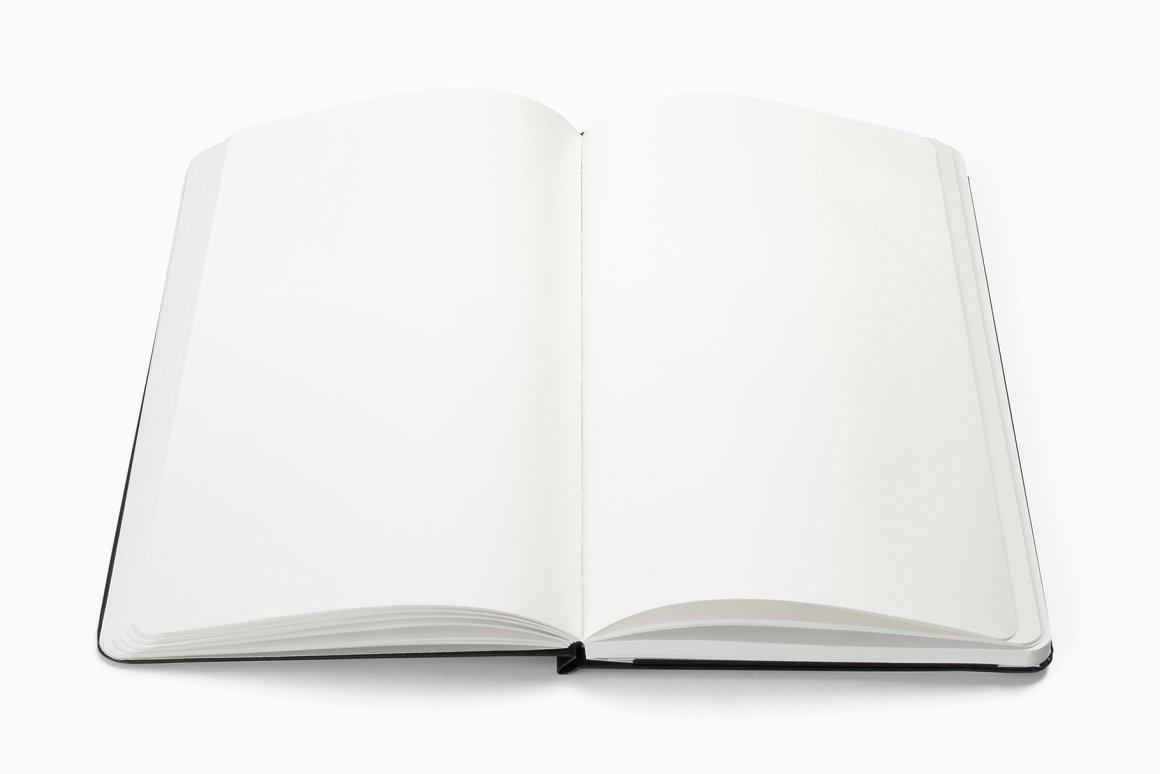 Notebook in expanded form with white sheets.