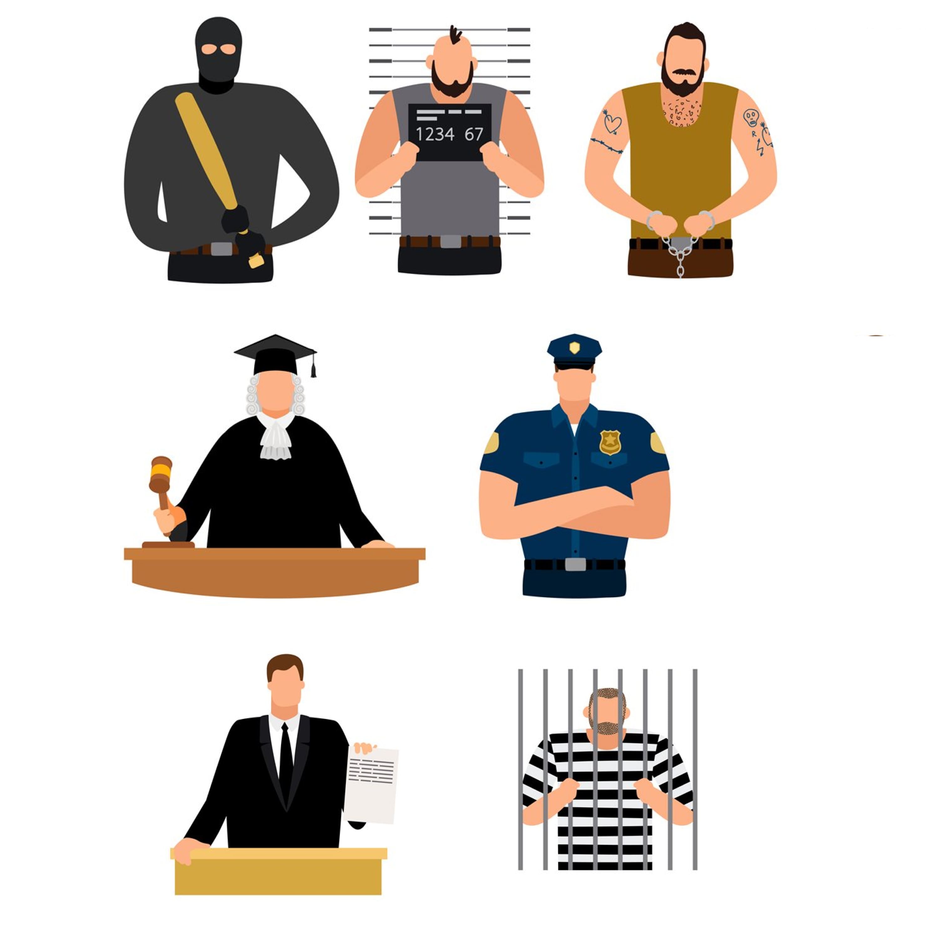 Justice People, Prisoner And Defendant, Policeman, Judge And Lawyer Cover.