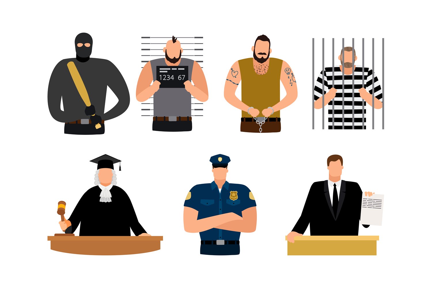 Criminal in black mask, criminal with name plate, prisoner and defendant, judge, policeman and lawyer.