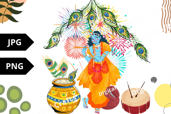 Colorful Kanha illustration with Krishna graphic.