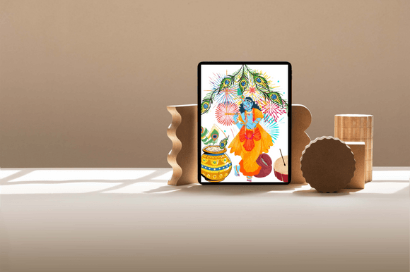 Multicolor poster with Kanha illustration.