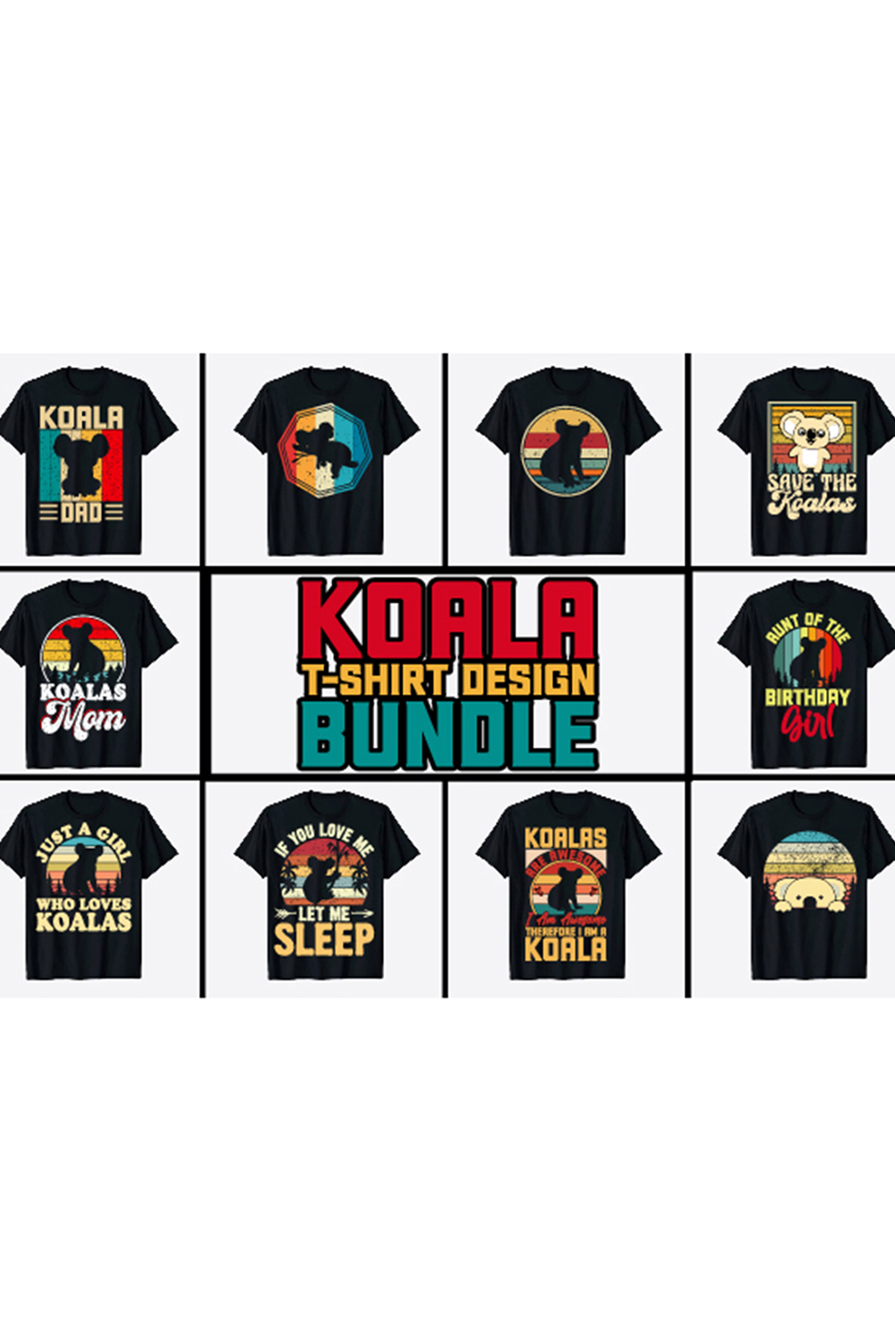 Collection of images of black t-shirts with enchanting prints with koalas.