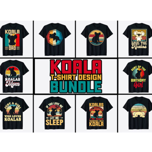 A selection of images of black T-shirts with unique koala prints.