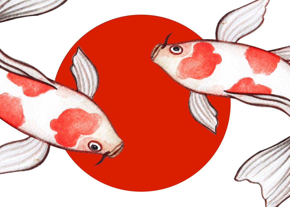 Illustration of 2 fish on the background of the flag of Japan.